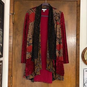 Anis A Swing Cardigan Mixed Media wine velvet black open weave NWOT Sz Medium